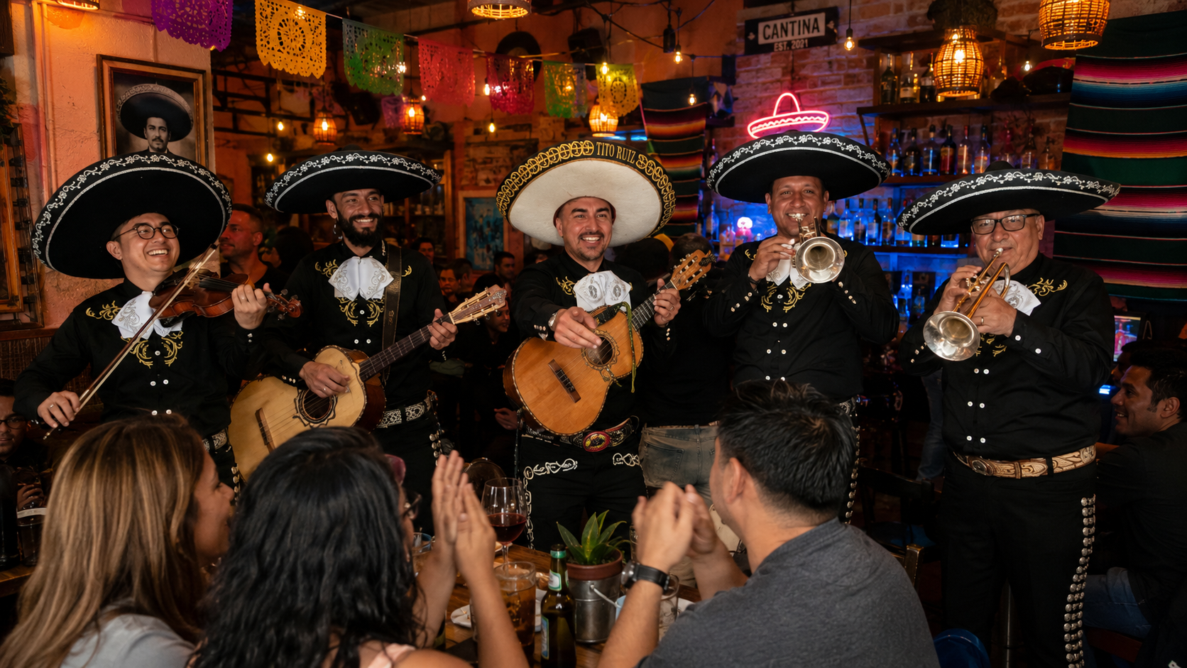 Noche mexicana en bar con mariachis